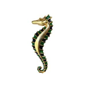 1980s Green & Blue Enamel on Gold Plated Seahorse Sea Creature Beach Pin Brooch